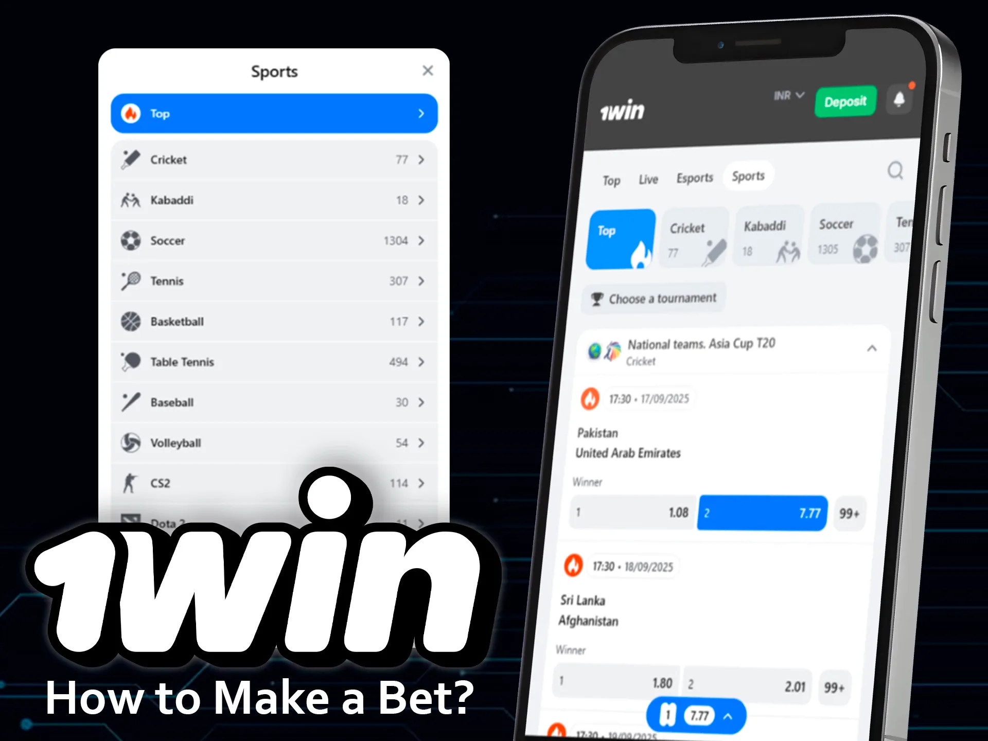 Placing a sports bet in the 1win app